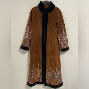 Margaret Godfrey Coat Women’s Size 14 Brown Suede Embroidered Faux Fur Jacket